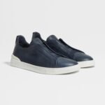 ZEGNA NAVY BLUE DEERSKIN TRIPLE STITCH™ SNEAKERS - Image 3
